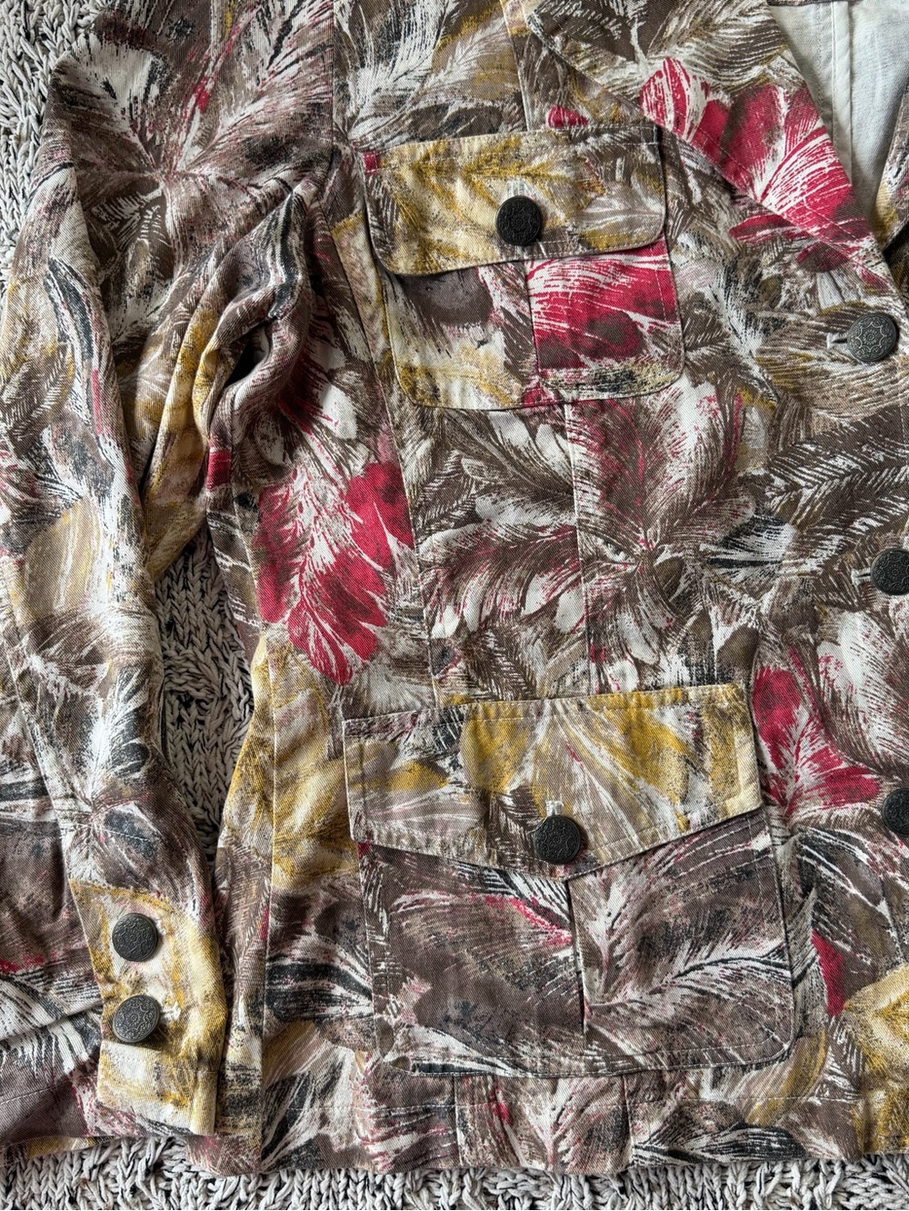 Chico's Multicolor Leaf-Print Jean Jacket — Brown, Red & Yellow - Picture 15 of 16